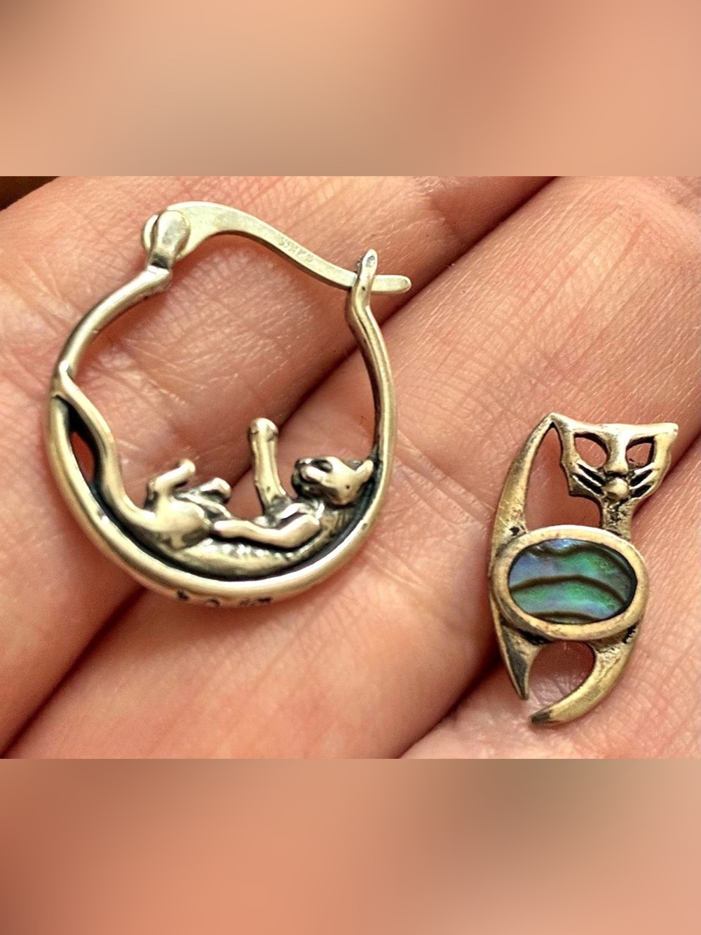 Lot of 2 Single Sterling Silver 925 Abalone Cat & Crescent Hoop Stud Earrings